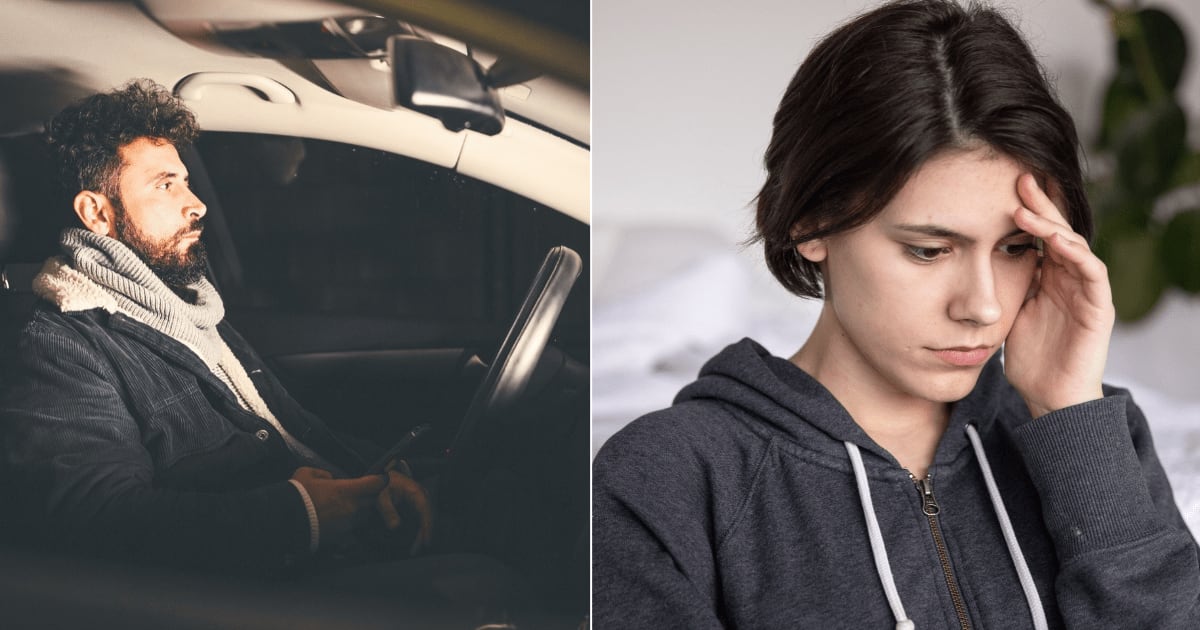 (L) A man looking at someone from his car intently. (R) A teenage girl looks scared and uneasy. (Representative Cover Image Source: Pexels| L - Omar Ramadan, R - KATRIN BOLOVTSOVA)