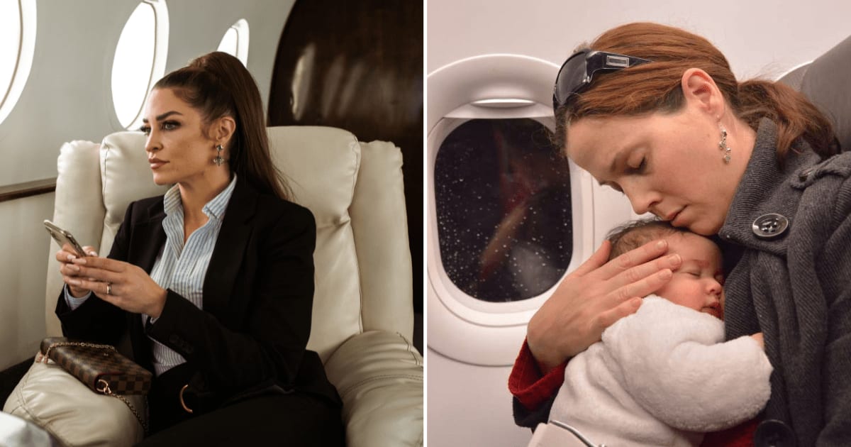 (L) A woman looking angry while sitting in a flight. (R) A mother in a flight hugging her baby to sleep. (Representative Cover Image Source: (L) Pexels | RDNE Stock project, (R) Getty Images | Photo by chameleonseye)