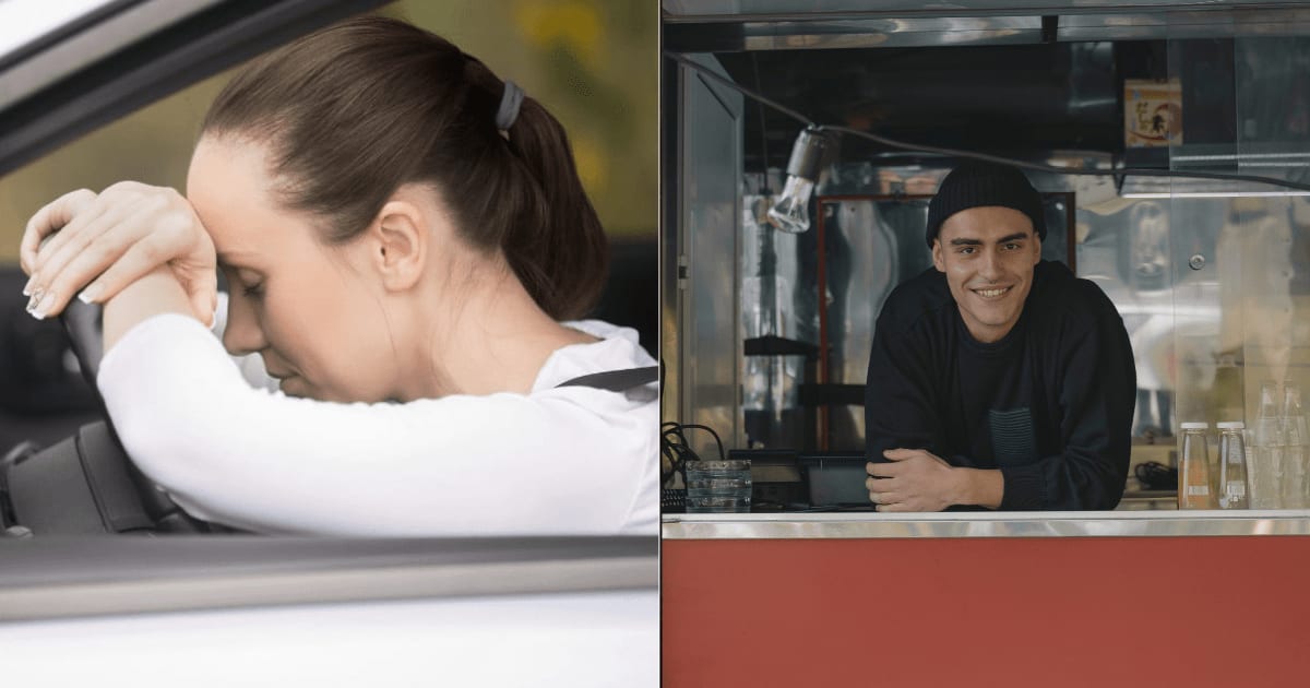(L) A worried, distressed woman in a car. (R) An employee at a drive-thru window. (Representative Cover Image Source: L - Magnific| Yanalya, R - Pexels| Tima Miroshnichenko)
