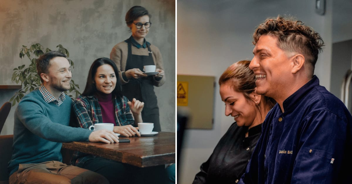 (L) A man with his girlfriend and friends at a cafe. (R) Restaurant staff laughing while working. (Representative Cover Image Source: Pexels | (L) Vitaly Gariev, (R)  Sofia Linares Corsano)