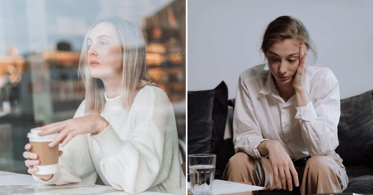 (L) A woman sitting in a cafe. (R) A woman at home looking distressed. (Representative Cover Image Source: Pexels | (L) Néo Rioux, (R) Ron Lach)