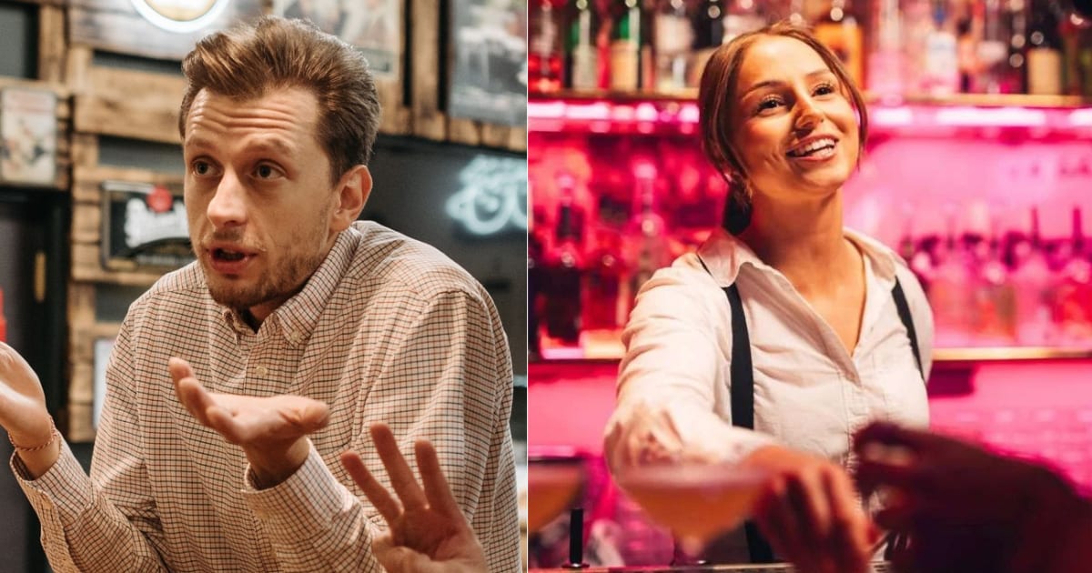 (L) A man at a bar is yelling. (R) A bartender is smirking while speaking with a customer. (Representative Cover Image Source: L - Pexels| Pavel Danilyuk, R - Getty Images| Maskot)