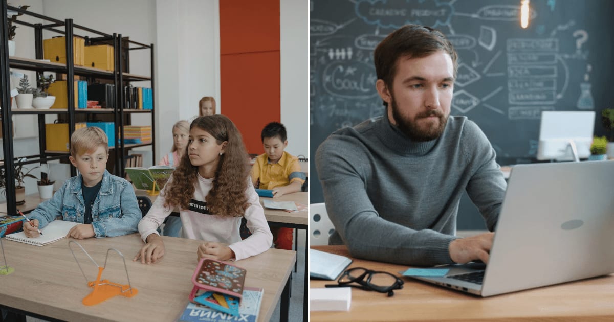 (L) Students in a classroom. (R) A male teacher using a laptop in a classroom. (Representative Cover Image Source: Pexels | (L) Tima Miroshnichenko, (R) Vitaly Gariev)