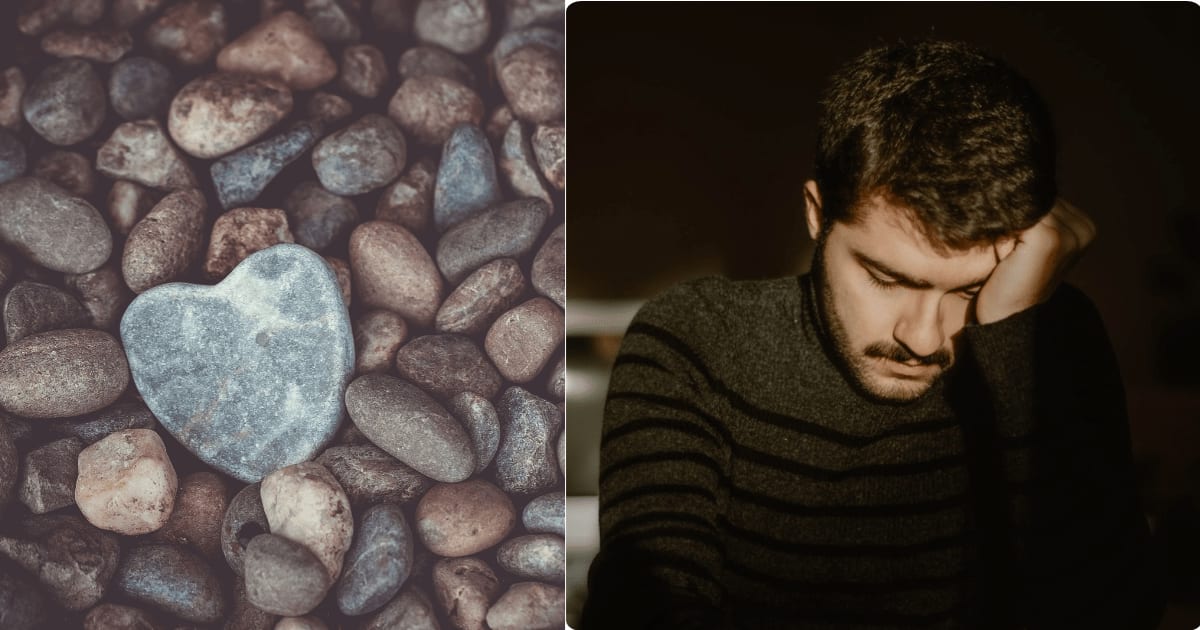 (L) A heart-shaped rock. (R) A man in distress. (Representative Cover Image Source: Pexels| L - Brendan Rühli, R - Ahmet Polat)