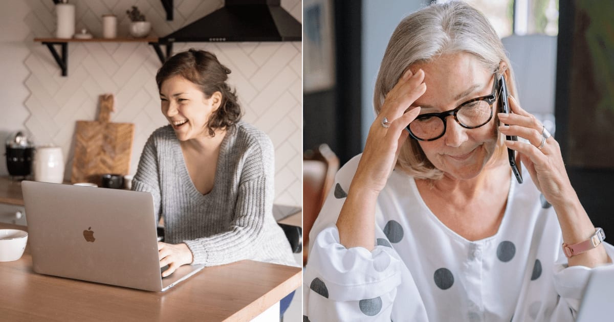 (L) An excited woman looks at job offer on laptop. (R) A distressed elderly woman speaking on the phone. (Representative Cover Image Source: Pexels| L - KATRIN BOLOVTSOVA, R - Yan Krukau)
