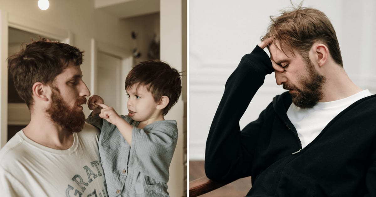 (L) A man talking to his little son while holding him. (R) A man looking stressed while resting his head. (Representative Cover Image Source: Pexels | (L) Arina Krasnikova, (R) cottonbro studio)