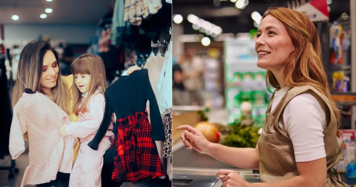 (L) A mom shopping with her toddler at a clothing store. (R) A cashier at a registry speaking with a customer. (Representative Cover Image Source: Getty Images| L - nicoletaionescu, R - Igor Suka)