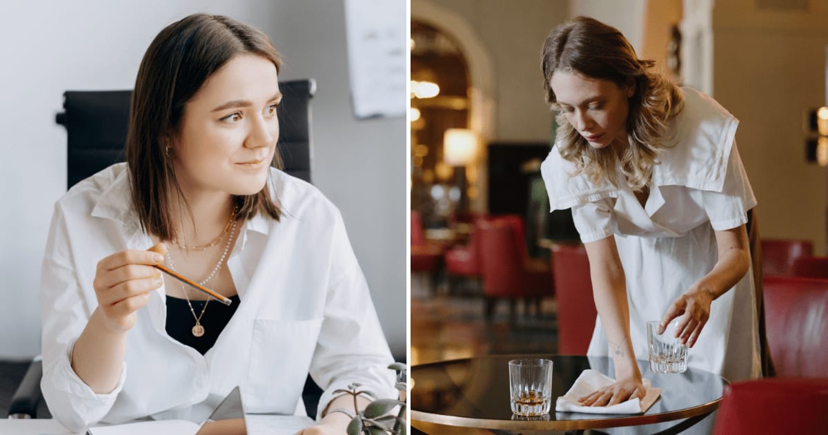 (L) Woman looking at someone. (R) Waitress cleaning table. (Representative Cover Image Source: Pexels | (L) Mikhail Nilov, (R) cottonbro studio)