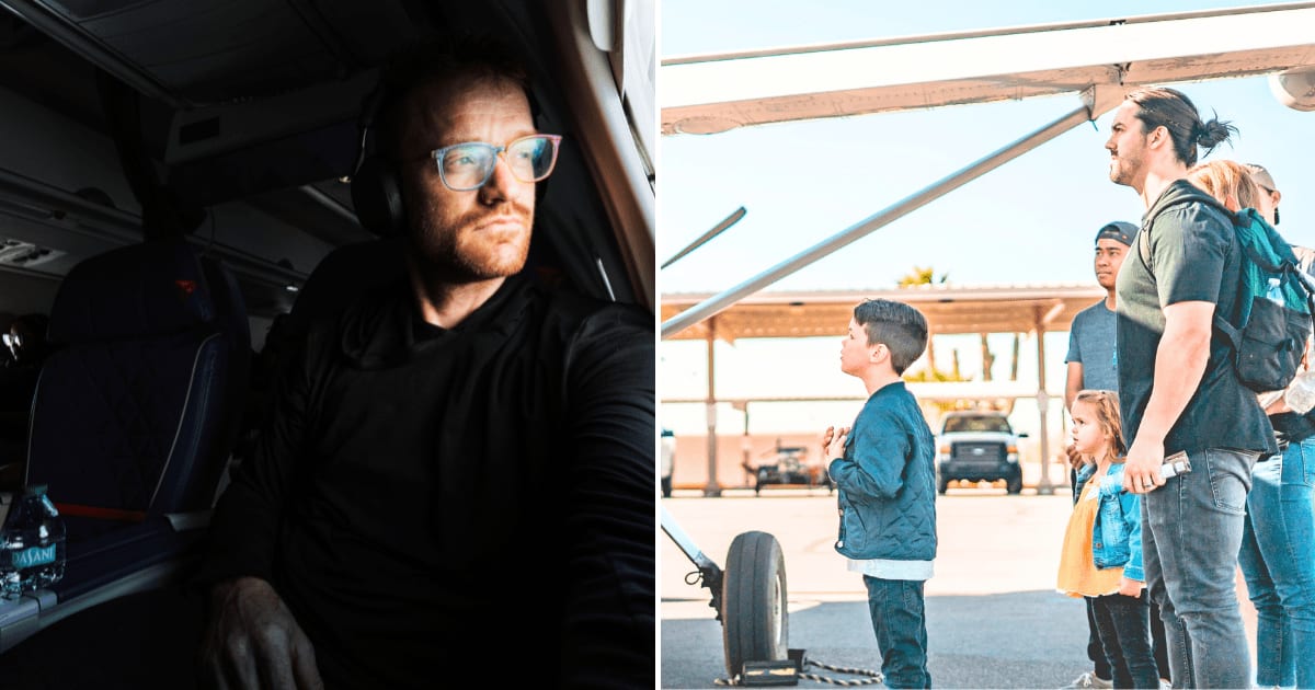 (L) A man sitting on the window seat in a plane looking annoyed. (R) A father with his kids waiting to board the plane. (Representative Cover Image Source: (L) Pexels | k, (R) Unsplash | Westwind Air Service)