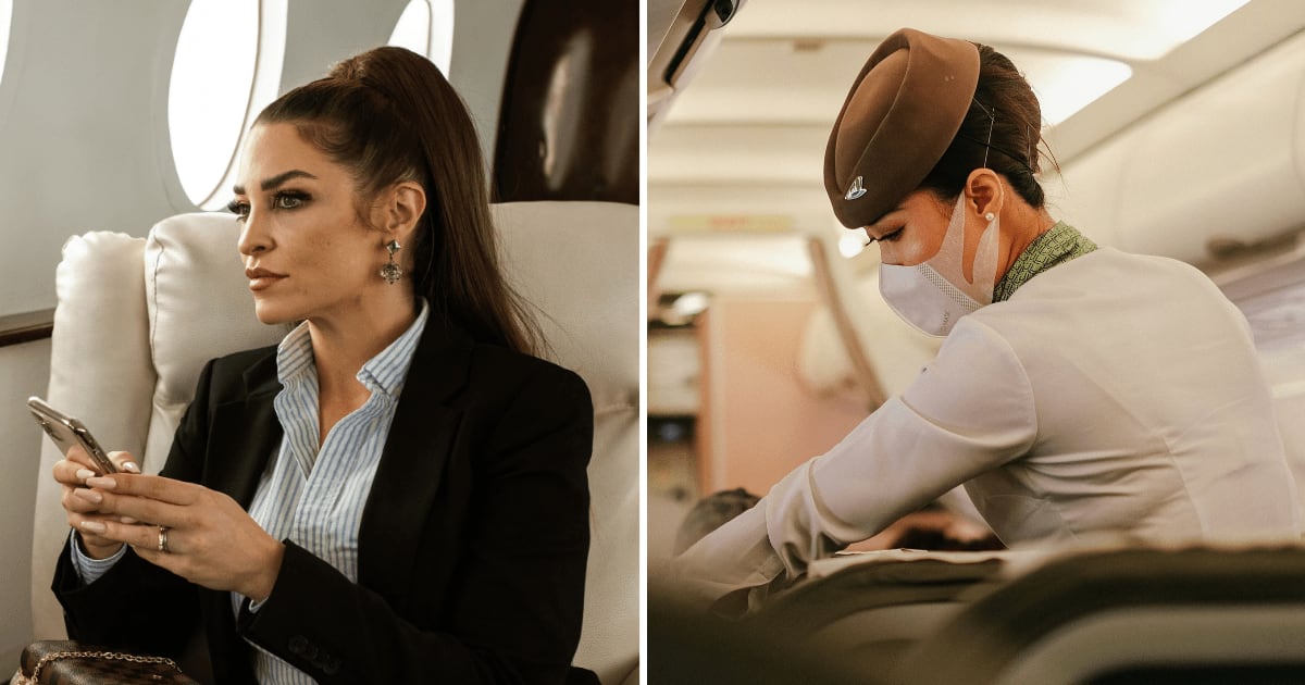 (L) Woman sitting in plane. (R) Flight attendant serving the passengers. (Representative Cover Image Source: Pexels | (L) RDNE Stock project, (R) Pew Nguyen)