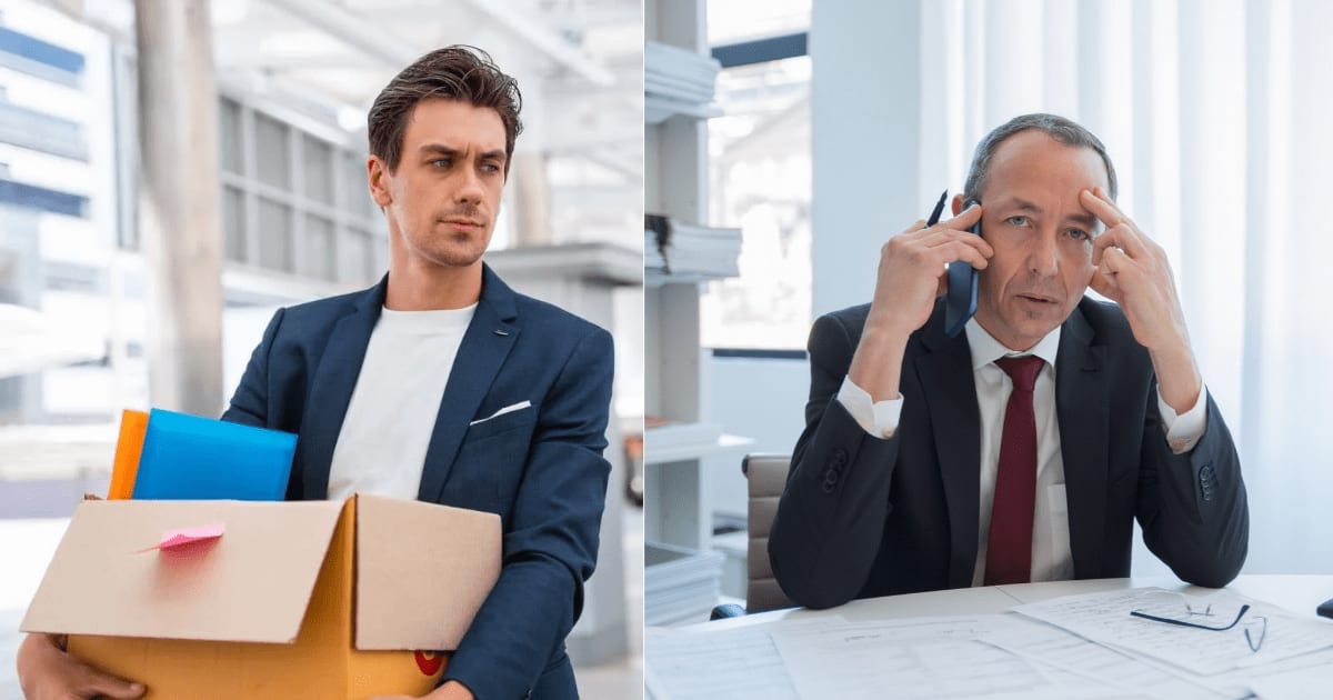 (L) A man walks out of the office after being fired. (R) A manager looks worried while speaking on a call. (Representative Cover Image Source: L - Getty Images |Twenty47studio, R - Pexels| Kampus Production)