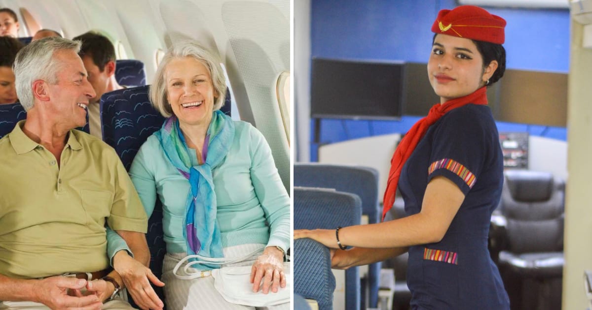 (L) An old couple is sitting inside a plane. (R) Flight attendant. (Representative Cover Image Source: Getty Images, Pexels | (L) Westend61, (R) Alejandro Quiñonez)